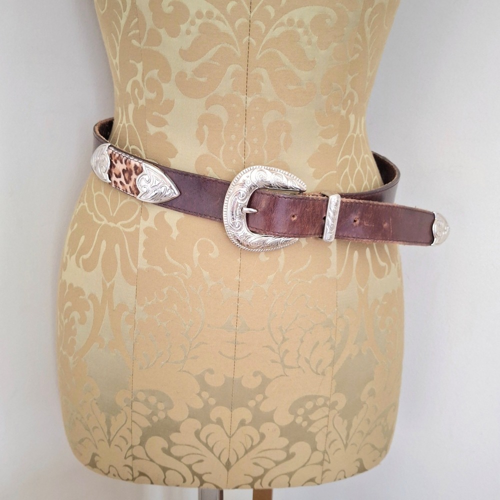 Womens Western Vintage Brown Leather Boho Leopard Calf Hair Belt  S/M